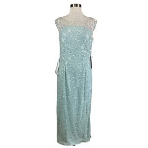 Blue Sequined Midi Sheath Cocktail Dress Size 6 JS Collections Cap Sleeve